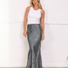 Silver Satin Maxi Skirt - 8