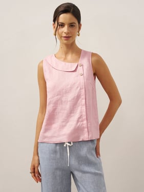 100% Linen Sleeveless Crescent Collar Top KARA - Rosa / XXL