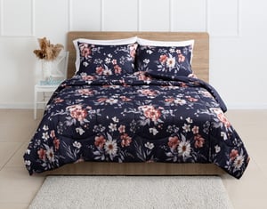 QE Home Recycled Polyester Comforter Set in Roslyn, Floral, Blue, Queen