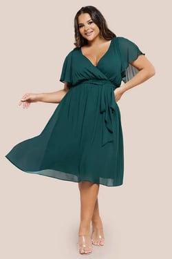 Goddiva Plus Flutter Sleeve Wrap Midi Dress - Emerald Green
