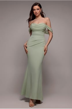 Goddiva Bardot Scuba & Chiffon Cowl Maxi Dress - Sage Green