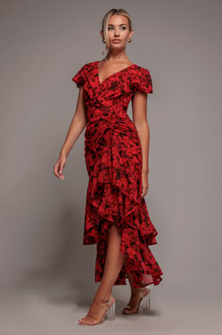 Goddiva Floral Wrap High And Low Midaxi Dress - Red