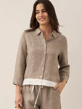 100% Linen Buttoned Closure Color-Blocked Shirt JANICE - Mushroom / XXXL