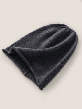 100% Cashmere Dense-Knit Slouchy Beanie - Dark Gray / One Size