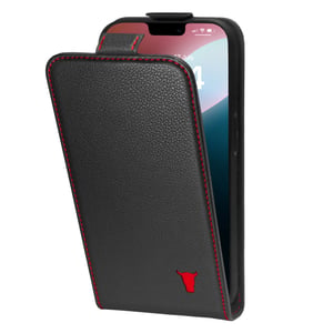 iPhone 16e Leather Flip Case - Black with Red Detail