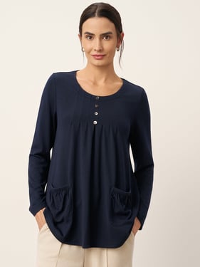 Wool Pleated Front Long Sleeve Top IVA - Navy Blue / XXL