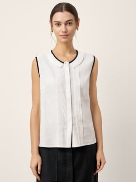 Linen-Lyocell Contrast Trim Pleated Sleeveless Top JUNIPER - Optic White / XXL