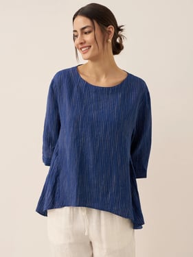 100% Linen Round Neck Artistic Stripe Top FLORENCE - Ink Stripe / XXL