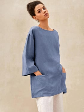 100% Linen Loose Long Shirt LILY - Dusty Blue / XXL