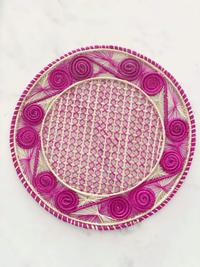 Caracol Handwoven Iraca Placemat - Natural Palm with Color Accents / Hot Pink