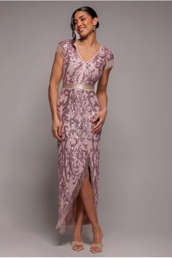 Goddiva Embroidered Sequin Tassel Front Split Midaxi Dress - Blush Pink