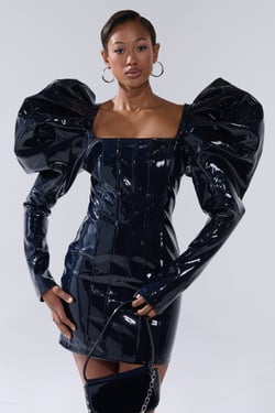 AKIRA Baddies Only Patent Mini Dress In Navy | Size Small