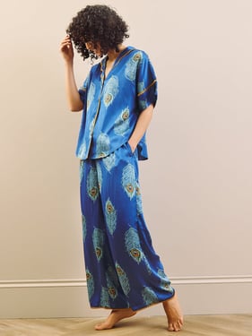 Womens Satin Oversize Pyjamas Navy Peacock Feather - 3XL / 22-24 / Blue