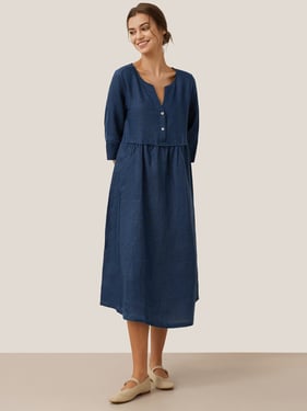 100% Linen Loose Fit Button Waist Gathered Maxi Dress LUNA - Navy Blue / XXL
