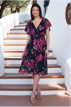 Goddiva Printed Lurex A-Line Flutter Sleeve Midi Dress - Black