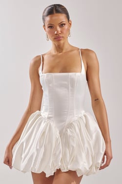 AKIRA Juliet Satin Mini Dress In Ivory | Size XL