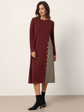 Wool Plaid Panel Midi Dress ALIA - Dark Red / XXL
