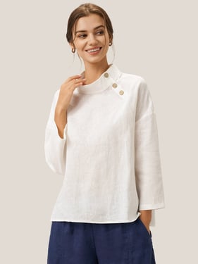 100% Linen Classic Side Neck Top CORA - Off White / XXL