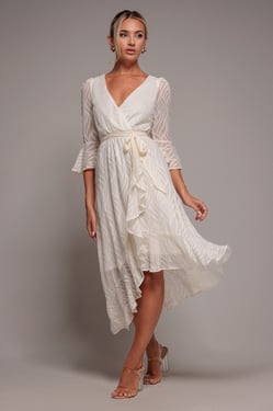 Goddiva Chiffon Geo-Wave Front Frill Wrap Midi Dress - Cream