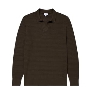 Sunspel Textured Cotton L/S Polo Knitwear Khaki