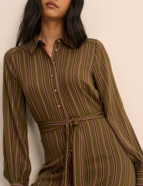 Khaki Striped Brandy Shirt Midi Dress