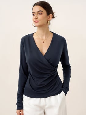 Wool Lyocell Asymmetric Ruched Overlap V-Neck Top TILLY - Navy Blue / XXL