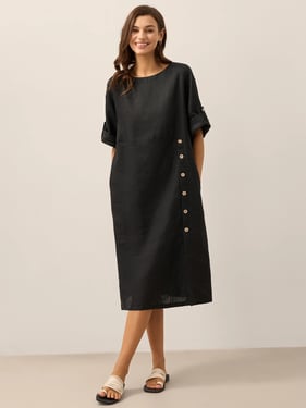 100% Linen Round Neck Button Detail Midi Dress JELENA - Charcoal Black / XXL