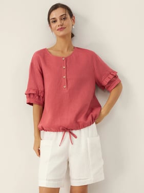 100% Linen Flutter Sleeve Drawstring Top ZOEY - Pomegranate Red / XXL