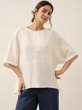 100% Linen Round Neck Mid-Sleeve Top ROBYN - Optic White / XXL