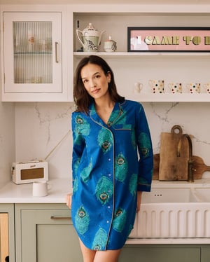 Womens Cotton Nightshirt Navy Peacock Feather - M / 12-14 / Blue