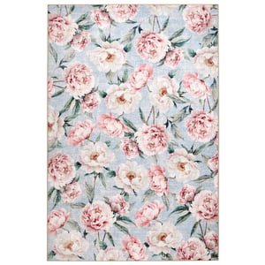 Blooming Peonies Blue Eco-Washable Rug - 185x275cm