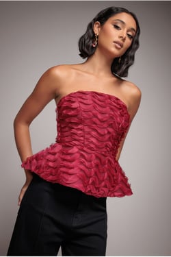 Goddiva Peplum 3D Textured Boob Tube Lace Up Corset - Burgundy