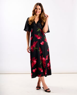 Red Floral Animal Mix Midi Dress - 20