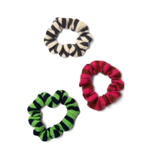 Damson Madder Stripe Knitted Scrunchies 3 Pack Red Green Cream
