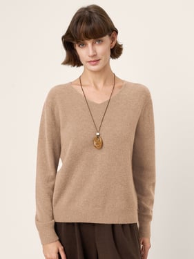 100% Mongolian Cashmere V-Neck Pullover Sweater PIPER - Dune Khaki / L