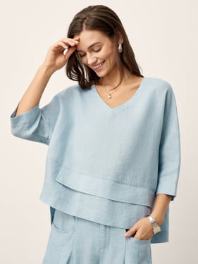 100% Linen Drop Shoulder Asymmetric Layered Hem Overtop VIOLA - Sky Blue / XXL