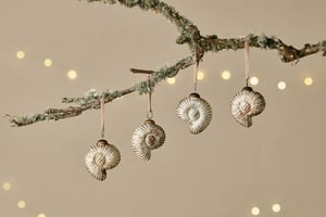 nkuku Sachin Shell Baubles Set Of 4 | Christmas Decorations | Rustic Gold
