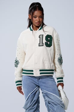 AKIRA Better Luck Next Time Embellished Bomber Jacket | Size XL