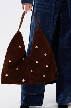 AKIRA Taylor Suede Shoes Ball Tote | Brown