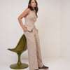 Beige Wide Leg Tailored Trousers