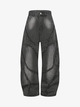 Washed Distressed Raw Edge Barrel Jeans - 2402 - Dark Grey / 2XL