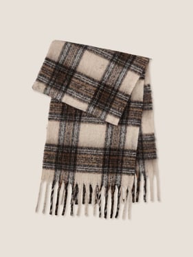 Plaid Fringed Scarf - Wood Check / One Size