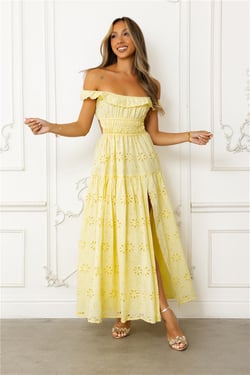 Secrets You Keep Off Shoulder Embroidered Maxi Dress Yellow