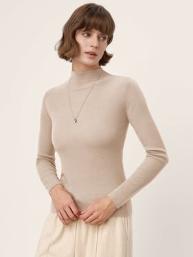 100% Extra-Fine Merino Wool Mock Neck Knit Sweater TIA - Oatmeal / L