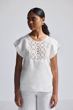 Boxy Top with Embroidered Lace Detail - Shell Off-white / 3XL