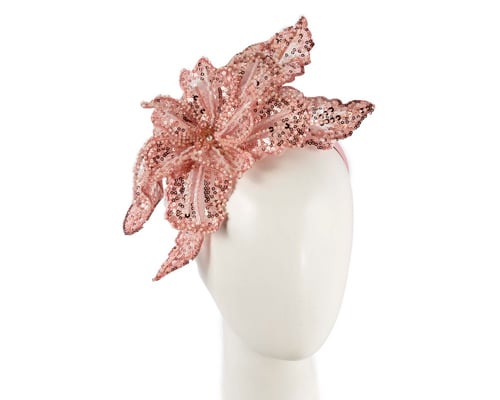Shiny dusty pink lace fascinator by Fillies Collection