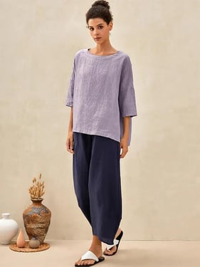 100% Linen Gingham Checked Boatneck 3/4 Length Sleeve Top - Lavender / XXL