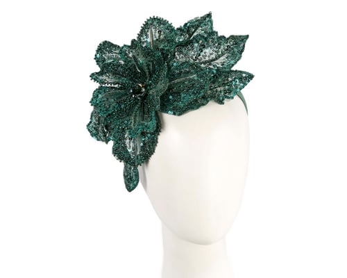 Shiny dark green lace fascinator by Fillies Collection