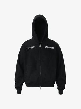 Vintage Suede Letter Embroidered Cropped Zip Up Hoodie - Black / 2XL