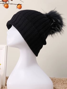 100% Cashmere Rib-Knit Slouchy Beanie With Pom-Pom - Jet Black / One Size